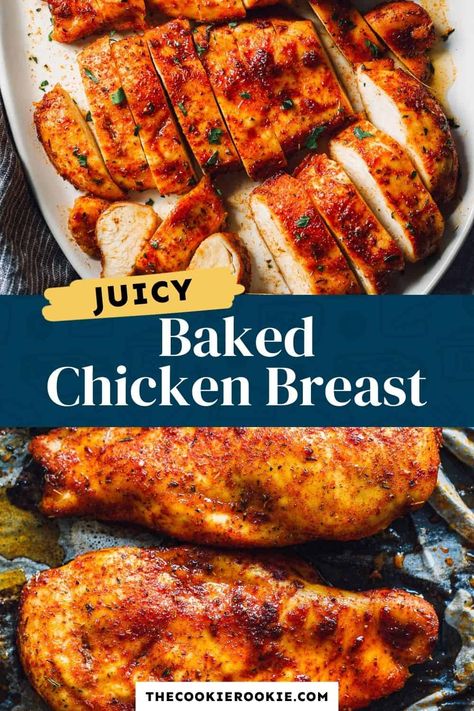 This simple seasoned chicken breast is baked to juicy perfection for a quick and delicious dinner! Essen, Juicy Baked Chicken Breast, Chicken Breast Oven Recipes, Seasoned Chicken Breast, Oven Baked Chicken Breast Recipe, Oven Baked Chicken Breast, Chicken Breast Oven, Juicy Baked Chicken, Bbq Chicken Breast