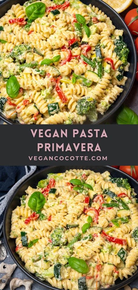 Vegan Cocotte, Cocotte Recipes, Vegan Pasta Primavera, Pasta Primavera Salad, Healthy Vegan Pasta, Primavera Recipe, Pasta Primavera Recipe, Creamy Vegan Pasta, Vegan Pasta Dish