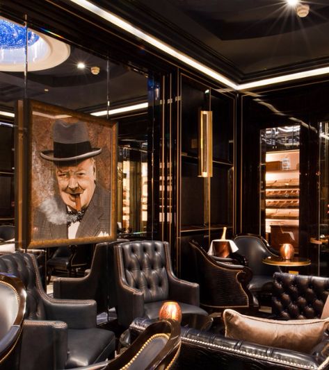 The Wellesley London's private cigar room features a portrait of noted stogie-lover Winston Churchill. Man Room, Zigarren Lounges, Bar In Casa, Whiskey Room, Bar Interior Design, Cigars And Whiskey, Bar Interior, Bar Room, Lounge Design