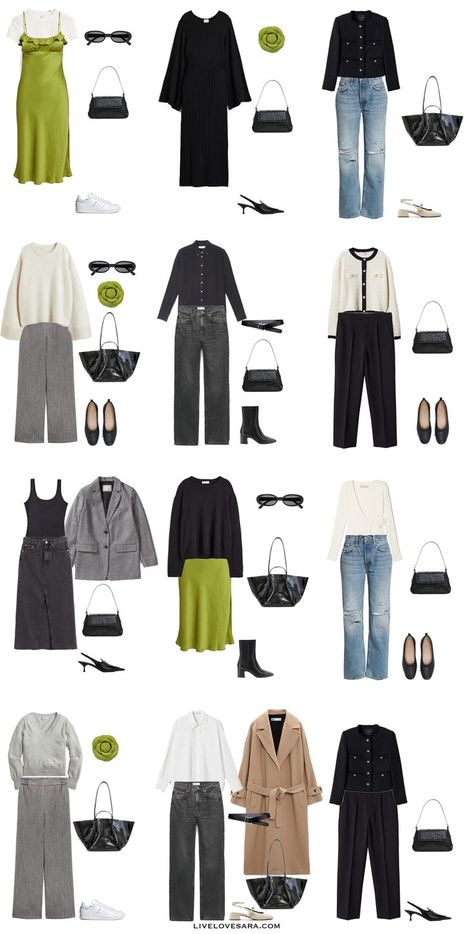 A white background with 12 outfits from a 90s Minimalist Spring Capsule Wardrobe.