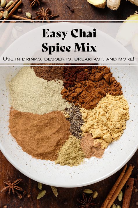 With this Chai Spice Mix, you can make practically any dish Chai flavored without having to add any tea. This spice mix has all the flavor of Chai we all know and love but none of the caffeine. You can use it in breads, muffins, pancakes, oatmeal, hot chocolate, coffee, smoothies, and more! So easy to make and so good! Spice Blends For Coffee, Indian Chai Tea Recipe, Spiced Tea Mix Recipe, Chai Tea Smoothie, Masala Chai Tea Recipe, Pancakes Oats, Baking Pancakes, Spice Tea Mix, Indian Chai Tea