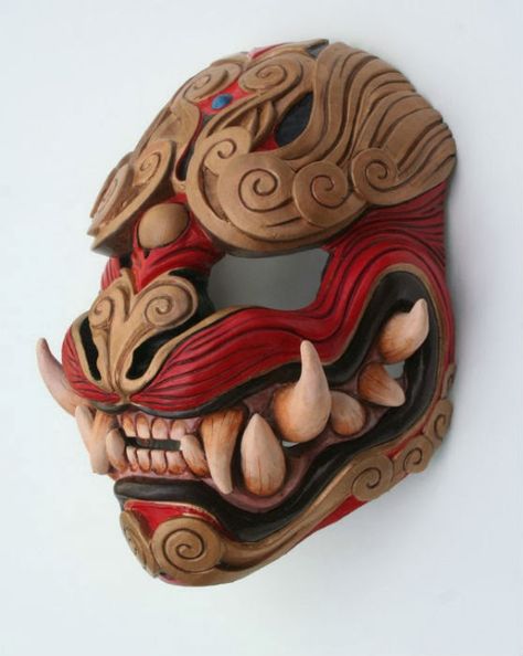 Hannya Maske, Mascara Oni, Lion Mask, Japanese Mask, Fu Dog, Oni Mask, Red Color Schemes, Cool Masks, Art Japonais