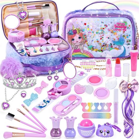 PRICES MAY VARY. Luxurious Kids Makeup Kit for Girl - We have prepared a rich and fun unicorn makeup set, which can satisfy girls' curiosity about makeup. Girls can get 1 cosmetic bag (with a pompom pendant), 2 sets eye shadows ( with a watch style), 1 nail polish set (2 bottles of nail polish, 1 nail file, 1 toe splitter); 6 lipstick/gloss (cartoon pattern and heart shape, etc.), 2 blush, 5 brush; 3 hair clip (include unicorn style), 1 set of princess accessories (crown, necklace , ring, earrin Toddler Makeup, Kids Makeup Kit, Unicorn Bottle, Unicorn Accessories, Disney Princess Toys, Kid Christmas, Makeup Kit For Kids, Nail Art For Kids, Cool Fidget Toys