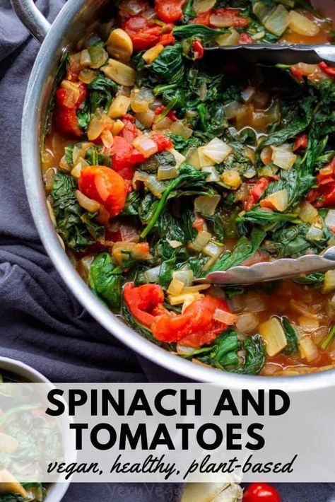 A simple, easy and delicious side dish, this stewed tomato, spinach, onion and garlic is perfect served over rice. Ready in under 20 minutes, this vegan, plant-based, oil-free sauteed spinach and tomatoes recipe is great for a weeknight meal. Also delicious with pasta, bread, chickpeas and lentils. Sauteed Spinach And Tomatoes, Spinach And Tomato Recipes, Spinach Side Dish Recipes, Spinach Recipes Sauteed, Spinach Recipes Side, Sautéed Greens, Pasta Bread, Holidays Recipes, Sautéed Spinach