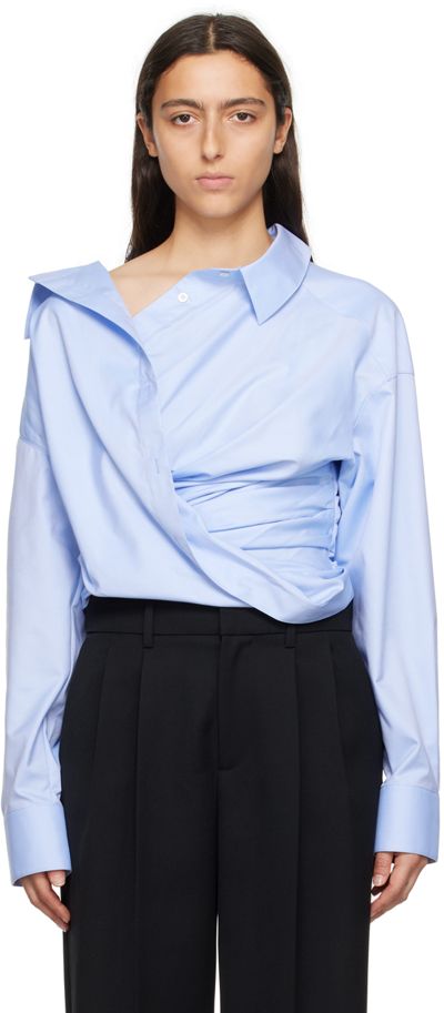 Couture, Pinstripe Shirt Outfit, Deconstructed Shirt, Draped Shirt, Blue Drapes, Asymmetrical Shirt, Draped Blouse, Twill Shirt, Celebrity Outfits