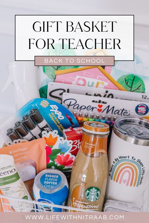 Gift Basket For Teacher Baskets For Teachers Gift, 1st Year Teacher Gift, Teacher Supplies Gift Basket, Self Care Teacher Appreciation, Back To School Baskets For Teachers, Teacher Appreciation Basket Ideas, Teacher Basket Ideas, New Teacher Gift Basket, Teacher Summer Gift Basket