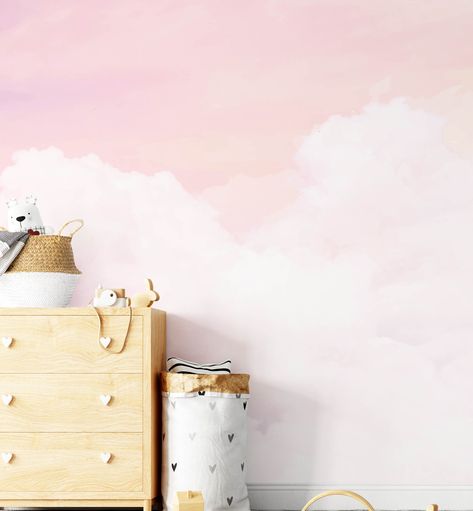 Sunset Skies Wallpaper Mural - Olive et Oriel Skies Wallpaper, Sunset Skies, Latest Wallpapers, Paint Types, Wallpaper Trends, Pink Sunset, Gender Neutral Nursery, Nursery Wallpaper, Pink Clouds