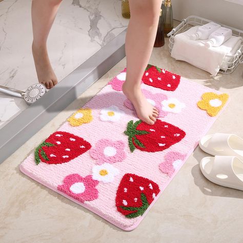 PRICES MAY VARY. CUTE STRAWBERRY FLOWER PATTERN:The strawberry bath mat fabric is made of high quality plush decoration,carefully designed strawberry flower pattern, which gives a warm and lovely feeling, attract the attention of children and family, and add a warm atmosphere to the home. SOFT AND ANTI SLIP: The surface of the floor mat is made of 100% polyester material, which has good wear resistance and wrinkle resistance. The thickened and encrypted design makes the entire mat softer and mor Cute House Accessories, Strawberry Room Decor, Strawberry Bathroom, Strawberry Rug, Rugs Cute, Cute Rugs, Pastel Bathroom, Bathroom Shower Mat, Cute Rug