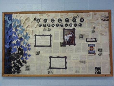 English Department bulletin board Background: book pages Title: typewriter inspired print Paper frames for information "Ombre" paper butterflies English Department Ideas, English Department Bulletin Board, Bulletin Board Graphic Design, Wall Magazine Ideas School English, Butterfly Themed Bulletin Boards, Book Pages Bulletin Board, Vintage Bulletin Board Ideas, Book Page Bulletin Board, School Information Board Ideas