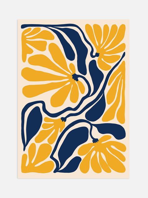 Wavy Flower Poster – Luxe Poster Co Blue And Yellow Abstract Art, Blue Flower Poster, Yellow Mural, Blue Yellow Painting, Blue And Yellow Pattern, Matisse Kunst, Yellow Poster, Mural Abstract, Boho Yellow