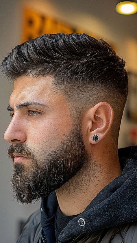 22 Mid-Fade Haircuts That Add a Touch of Sophistication Mid Fade Haircut Men With Beard, Haircut And Beard For Men, Men Haircut And Beard Style, Mens Haircut Combover Fade, V Shape Beard Styles For Men, Mid Fade With Beard, Men’s Haircut And Beard, Haircuts For Men With Fine Hair, Mens Hair With Beard