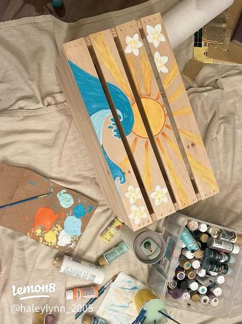 Cute bikini box ideas For summer 2024🐚 | Gallery posted by Haley Spears  | Lemon8 Beach Crafts Diy, Beach Basket, Easy Canvas Art, Summer Painting, Summer Fun List, Craft Night, Summer Projects, Beach Crafts, Painted Boxes