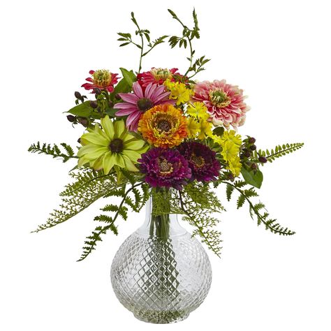"Buy the 15\" Mixed Floral Arrangement in Glass Vase at Michaels. com. This medley of flowers bursting with dramatic tones will welcome guests into any space in your home. This medley of flowers bursting with dramatic tones will welcome guests into any space in your home. Contrast the arrangement on an espresso table, making this the statement piece of the season. These handcrafted artificial flowers have never looked so perfect. Details: Includes assorted colors 9\" x 11\" x 15\" (22.86cm x 27. Flower In Glass Vase, Tabletop Floral Arrangements, Tissue Paper Flowers Diy, Table Making, Acrylic Vase, Art Deco Vases, Artificial Floral Arrangements, Japanese Vase, Greek Vases