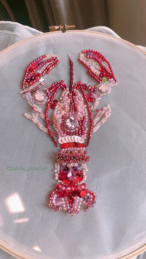 Beads lobster embroidery Embroidery Pearls Diy, Pearls Embroidery Designs, Embroidery Designs Beads, Beaded Embroidery Shirt, Lobster Embroidery, Embroidery Pearls, Textiles Sketchbook, Beaded Shirt, Embroidery Beads