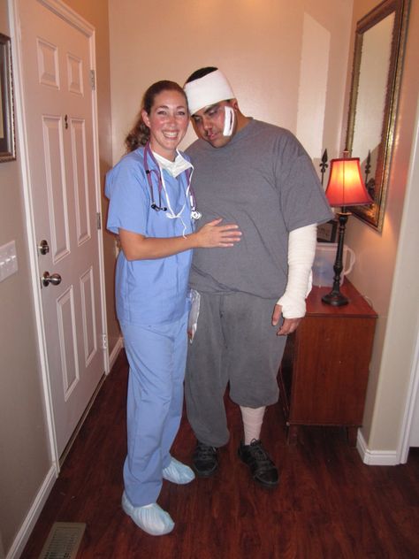 Nurse and patient Halloween costume! Nurse Patient Costume, Halloween Patient Costume, Doctor Halloween Costumes Women, Nurse Halloween Costumes Scrubs, Nurse And Patient Costume Couple, Couple Halloween Costumes Hockey, Doctor And Patient Costume, Nurse And Patient Costume, Nurse And Doctor Costume Couple