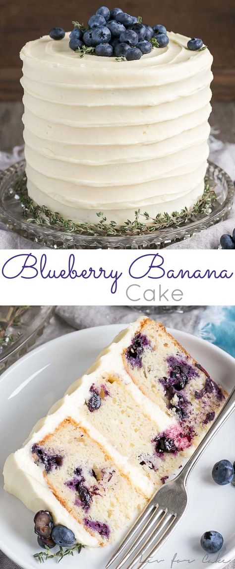 The delicious combination of bananas and blueberries gets paired with a tangy cream cheese frosting in this Blueberry Banana Cake. | livforcake.com French Recipes, Blueberry Banana Cake, Sweets Ideas, Random Recipes, Banana Cake Recipe, Blueberry Banana, Blueberry Recipes, Cake With Cream Cheese, Banana Cake