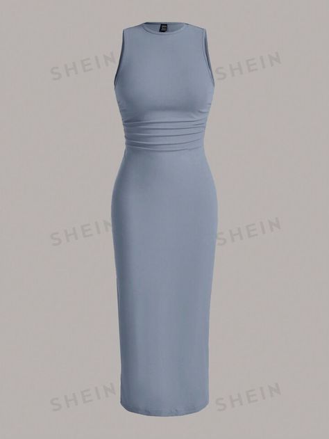 SHEIN EZwear Summer Outfits Solid Ruched Waist Tank Dress | SHEIN USA Shein Dresses Summer, Shein Dress Summer, Shein Dress Classy, Shein Outfits Summer, Shein Bodycon Dress, Trendy Dresses Summer, Knit Tank Dress, Shein Outfits, Shein Dress