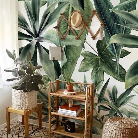 PRICES MAY VARY. Layout Size: 15.74"X98.42"/40cmX250cm, the wall mural is cut into 6 panels for easy installation. Material: Self Adhesive thick textured "like leather" PVC, Horizontal Seamless Stick. Before Installing, lay wall mural package flat and allow 24 hours to acclimate to room temperature. Suggest using indoor temperature of 20 ℃ / 68 ℉. Please note: This wall mural uses strong adhesive, suitable for any clean and dry surface, but it's cannot be removed. A variety of patterns and style Plant Wall Mural Painting, Hawaiian Bedroom Decor, Tropical Salon Decor, Green Wallpaper Accent Wall, Tropical Boho Living Room, Wallpaper Guest Bedroom, Tropical Wallpaper Bedroom, Tropical Boho Decor, Accent Wall Behind Bed