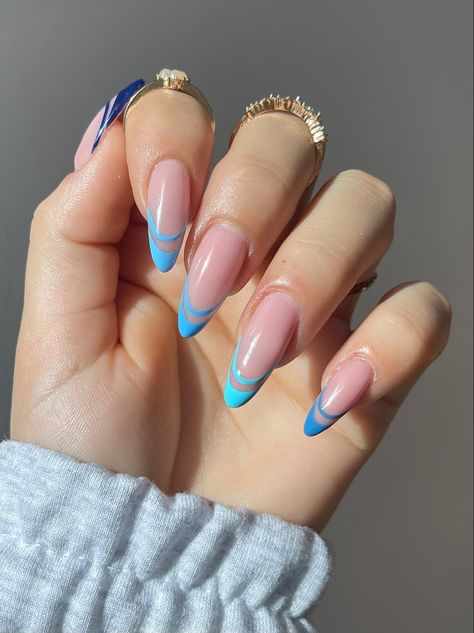 Pastel Double French Tip Nails, French Double Line Nails, Three Color Nail Ideas, Different Blue French Tip Nails, French Tip Double Line, Double Color French Tip Nails, Double Tip Nails, Nails Double French, Double Line French Tip Nails