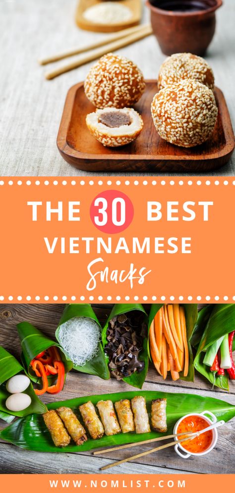 Looking for the best Vietnamese snacks to chow? Whether you're planning a trip to Vietnam or just need to satisfy a craving, here's the list for you! #vietnamese #vietnam #vietnamesesnacks #snacks #asianfood #asia #asiansnacks #snackrecipes Viet Party Food, Vietnamese Snacks Appetizers, Vietnamese Appetizers Easy, Gluten Free Vietnamese Recipes, Vietnamese Finger Food Party, Vietnamese Finger Food, Healthy Asian Snacks, Vietnamese Dinner Party, Vietnamese Party Food Ideas