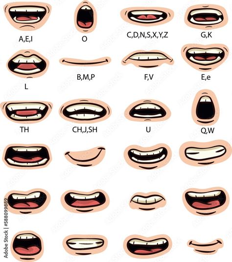 Lip sync character mouth animation.Mouth animation set. Lip sync, speaking mouth of cartoon character pronouncing sounds. Flat vector illustration for speaking articulation, English language studying Stock Vector | Adobe Stock Animation Lip Sync Reference, Mouth Lip Sync Reference, Mouth Speaking Drawing, Mouth Movement Animation, Mouth Animation Reference, Mouth Poses, Animation Mouth, Lip Sync Animation, Character Mouth