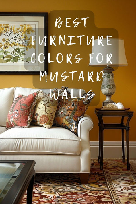 Do You Have Mustard Walls? Click To Explore The Top Furniture Colors That Complement This Bold Shade! 🛋️🎨 #HomeDecor #MustardWalls #FurnitureColors #InteriorDesign #ColorMatching Golden Yellow Living Room Walls, Mustard And Orange Living Room, Mustard Yellow Feature Wall, Yellow Painted Walls Living Room, Mustard Living Room Walls, Mustard Paint Color Walls, Mustard Walls Living Room, Yellow Living Room Walls, Wall Paint Color Schemes