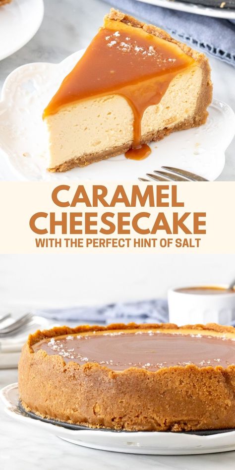 Collage of 2 photos of caramel cheesecake Ice Makers, Caramel Cheesecake Recipes, Caramel Dessert Recipes, Baked Caramel, Yummy Cheesecake, Salted Caramel Cheesecake, Cheesecake Toppings, Caramel Desserts, Homemade Cheesecake