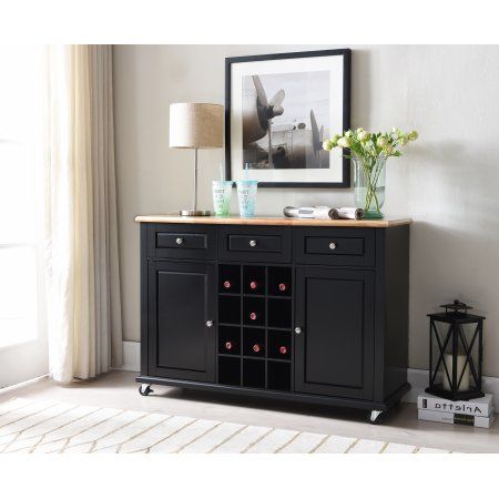 Black Wood Traditional Wine Rack Sideboard Buffet Display Console Table With 3 Storage Drawers, 2 Cabinet Doors