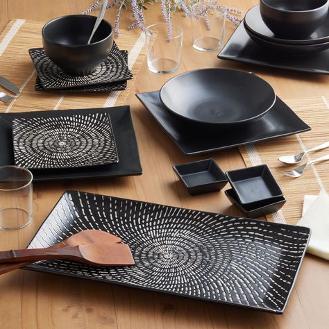 You'll love the Trilogy Black Dinnerware Collection at World Market. Browse our entire collection of Dinnerware Collections, available online or at one of our 270+ stores. Black Kitchen Accessories, Black And White Swirl, White Table Settings, Boho Dining Room, Modern Table Setting, Black Dinnerware, Dining Table Gold, African Inspired Decor, Black Dinner