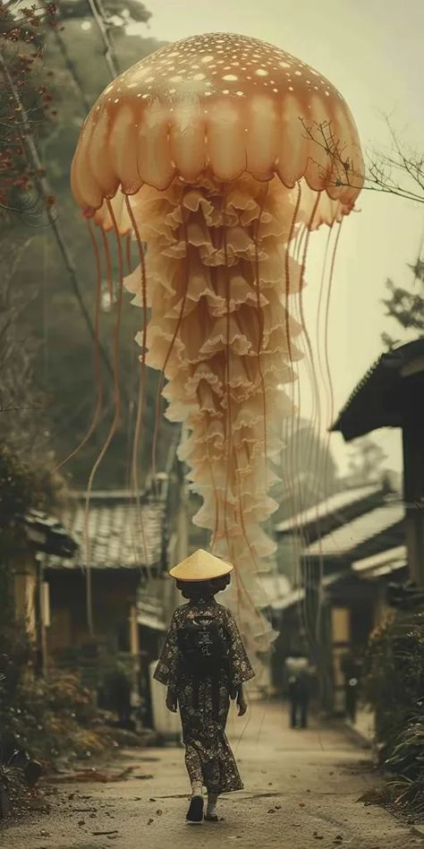 The image is a surreal photo of a giant jellyfish floating over a traditional Japanese village. The jellyfish is pink and translucent, and it has long, trailing tentacles ->> more details in ai-img-gen.com Wooden House, Traditional Japanese, Traditional Japanese Village, Jellyfish Umbrella, Giant Jellyfish, Jellyfish Tentacles, Pink Jellyfish, Japanese Village, Surreal Photos