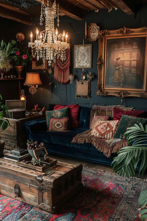 29 Exciting Dark Boho Living Room Ideas You Must See 20 Dark Maximalist Bedroom, Dark Academia Bedroom Ideas, Dark Academia Bedroom, Dark Boho Living Room, Gothic Living Room, Maximalist Bedroom, Academia Bedroom, Bohemian Lounge, Gothic Bohemian