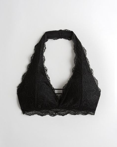 Gilly Hicks Lace Halter Bralette With Removable Pads | Gilly Hicks Bralettes | HollisterCo.com Lace Sports Bra, Halter Neck Bra, Bralette Outfit, Lace Halter Bralette, Gilly Hicks, Halter Bralette, Black Lace Bralette, Black Lace Bra, Halter Strap