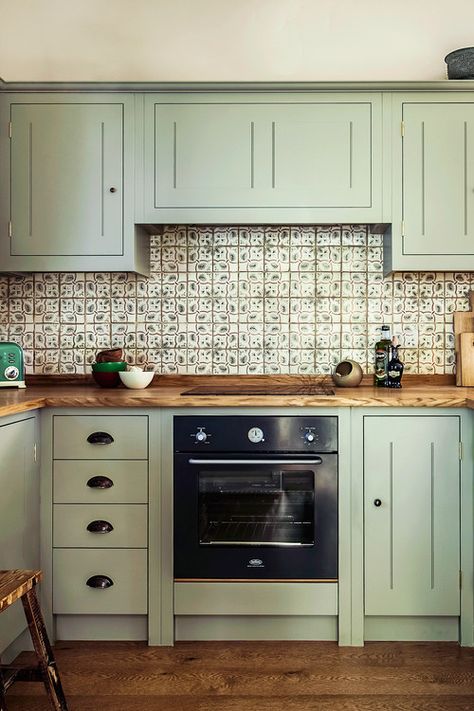 Colonial Library Room, Green Tile Backsplash, Kitchen Cabinets Design Ideas, Cabinets Design Ideas, Sage Kitchen, Kitchen Cabinets Design, Green Backsplash, Spanish Bungalow, Sage Green Kitchen