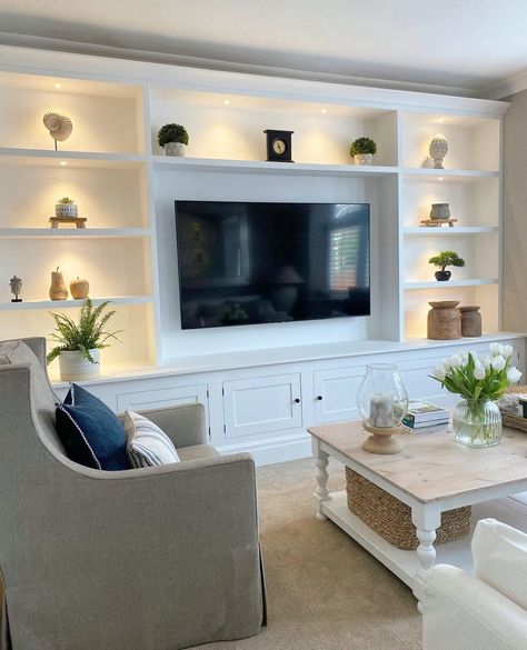 Old Built In Entertainment Center Makeover, Grass Cloth Wallpaper Built Ins, Interior Design Living Room Shelves, Built In Tv Wall Unit High Ceiling, Large Entertainment Center Living Room, Custom Tv Cabinet Built Ins, Built In Wall Shelves Living Room, Wall Bookshelves Living Room, Shelves Around Tv