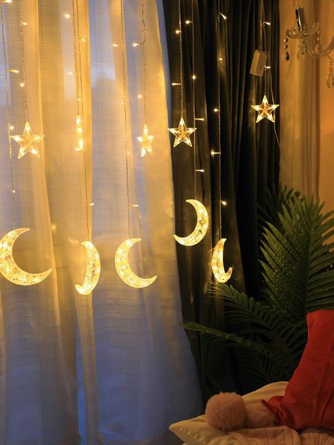 Space String Lights, Moon And Star Bedding, Star And Moon Room Decor, Star And Moon Room Aesthetic, Sun And Moon Bedroom Aesthetic, Sun Moon And Stars Bedroom Ideas, Moon And Stars Bedroom Ideas, Moon And Star Room Decor, Star Room Decor Bedroom Ideas