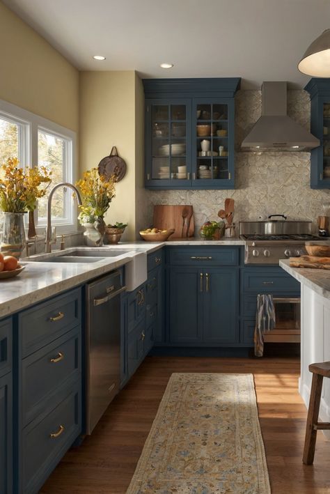 kitchen color scheme,interior color palette,color scheme design,kitchen lighting design Blue Kitchen Cabinets Terracotta Floor, Light Blue And Red Kitchen, Yellow Kitchen Blue Cabinets, Blue Wall Kitchen Ideas, Simple Kitchen Color Schemes, Bright Blue Kitchen Cabinets, Accent Color Kitchen, Blue And Tan Kitchen, Different Color Cabinets In Kitchen