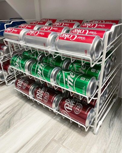 Drink Storage In Pantry, Pantry Soda Can Storage, Pantry Organization Drinks, Organize Drinks In Pantry, Beverage Organization Pantry, Soda Organization Pantry, Pop Can Storage Ideas, Soda Storage Pantry, Drink Refrigerator Organization