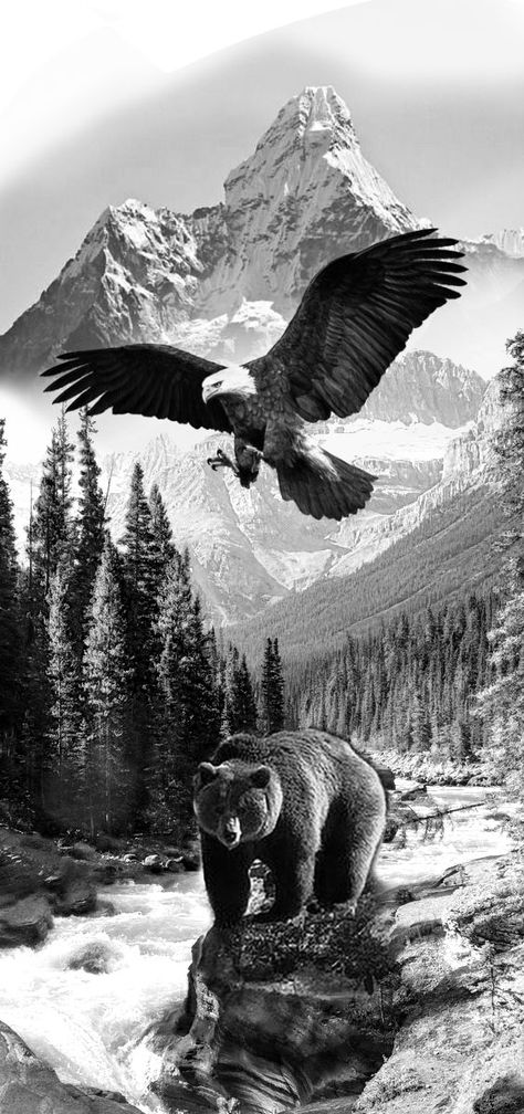 Bear Landscape Tattoo, Wildlife Sleeve Tattoos For Guys, Bear Wilderness Tattoo, Bear Tattoos For Men Shoulder, Nature And Wildlife Tattoos, Men’s Bear Tattoo, Bull Moose Tattoo, Bear Tattoos For Men Back, Bear And Fish Tattoo