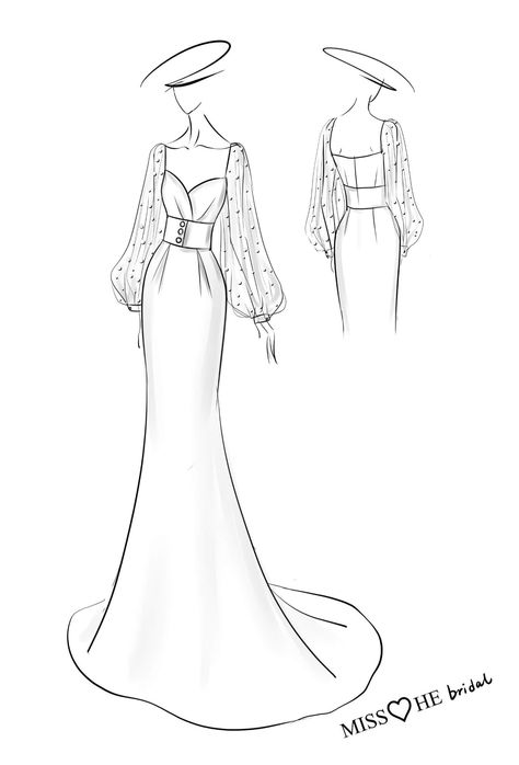 How To Sketch Dress, Sketch Of Dresses Design, Modern Dress Drawing, Modern Fashion Sketches, Dress Design Drawing Ideas, Drawing Of Dresses Sketches, Cloth Designs Ideas, Wedding Dress Sketches Drawing, Dress Design Drawing Sketches