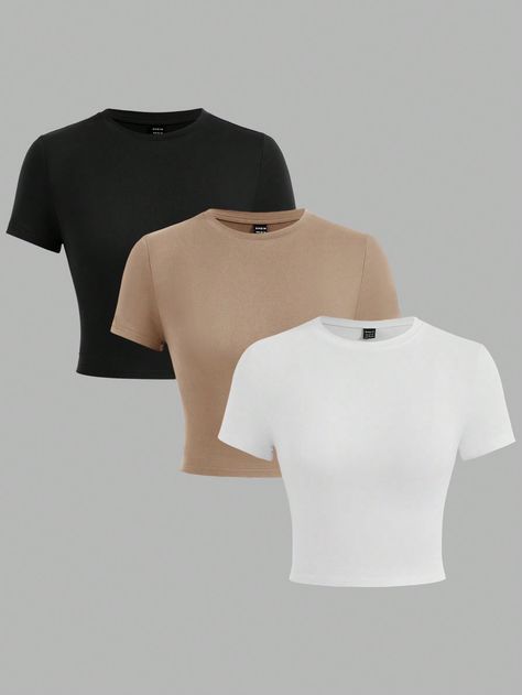 Multicolor Casual Collar   Plain  Embellished Slight Stretch  Women Clothing Basic Crop Tops, Áo Crop Top, Crop Top For Women, Basic Crop Top, Slim Fit Crop Top, T Shirt Crop Top, Shein Outfits, Cute Pants, Cute Lazy Outfits