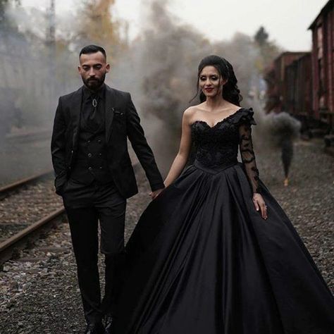 Satin Wedding Gowns, Pearl Bodice, Dresses Ruffles, Victorian Ball, Dark Wedding Theme, Black Wedding Themes, Black Wedding Gowns, Black Ball Gown, Satin Wedding Gown