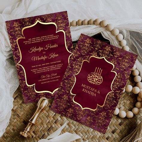 $3.08 - Rustic Burgundy Gold Damask Muslim Wedding - islamic wedding, bismillah, nikah, walima, antique old gilded pattern, ornate stylish fancy elegant, faux gold foil, vintage traditional ethnic motif, middle eastern glitter sparkle shiny Muslim Wedding Card Design, Nikah Inspiration, Nikkah Ideas, Muslim Wedding Cards, Wedding Frame Gift, Wedding Card Frames, Muslim Wedding Invitations, Unique Wedding Cards, Box Invitations