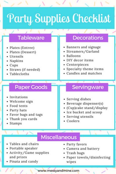 Party Supplies Checklist - Messy & Mine Minions, Birthday Party Supplies Checklist, Party Food List, Party Supplies Checklist, Birthday Party Planning Checklist, Messy Party, Bos Baby, Baby Shower Planner, Birthday Party Checklist