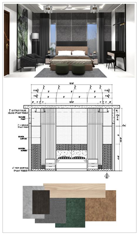 Matireal Design, Bed Detail Drawing, Bedroom Elevation, Modern Bedroom Interior Design, Interior Presentation, Interior Design Portfolio Layout, Architecture Design Interior, Interior Architecture Drawing, Interior Design Renderings