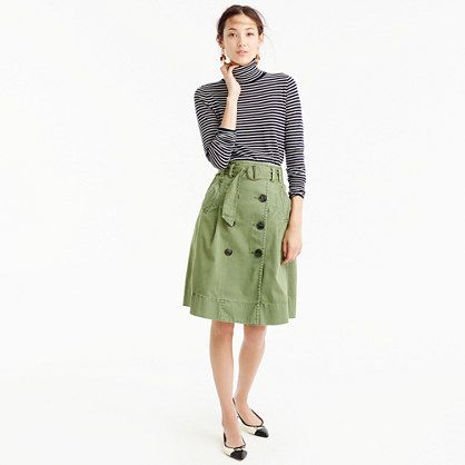 Chino trench skirt J Crew Catalog, Midlife Fashion, Green Chinos, Boho Denim, Classic Trench Coat, Jcrew Women, Beautiful Skirts, Affordable Clothes, Perfectly Imperfect