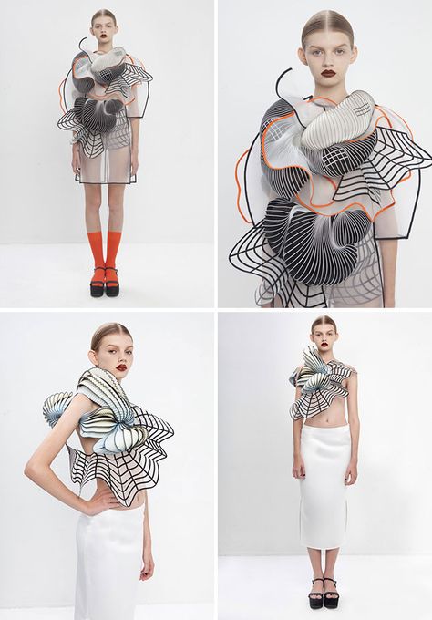 Gorgeous 3-D printed garments... Awesome concept for future runways.. Just worried about how you would clean them and last over time - Sana Couture, 3d Printing Fashion, Sculptural Fashion, 3d Printed Jewelry, Printed Clothing, 3d Fashion, Futuristic Fashion, Impression 3d, Fashion Design Sketches