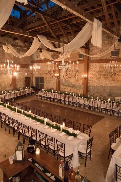 Wedding Seating Table Layout, Wedding Reception Indoors, Industrial Elegant Wedding, Rustic Industrial Wedding Decor, Wedding Venues Indoor Elegant, Non Traditional Wedding Reception, Industrial Chic Wedding Reception, Traditional Wedding Reception, Romantic Industrial Wedding