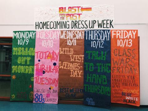 Decade Homecoming Theme, High School Gym Decorating Ideas, Pep Rally High School, Homecoming Decades Theme, Homecoming Traditions High School, Dance Theme Ideas High School, Homecoming Week Decorations, Homecoming Spirit Week Posters, Fun High School Events