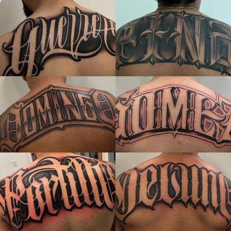 Chest Tattoo Font Men, Graffiti Lettering Tattoo Design, Old English Letters Tattoo Design, Letter Back Tattoo, Tattoo Lettering Fonts For Men, Last Name Back Tattoos For Men, Writing Neck Tattoo, Old English Letters Tattoo, Chicano Chest Tattoo