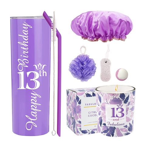 PRICES MAY VARY. 13th BIRTHDAY GIFT: A “Happy 13th Birthday” wording 20oz 13th birthday tumbler with a straw and s cleaning brush, a 13th Birthday Gift, a handcrafted bath bombs. A reusable shower cap, A natural pumice stone for feet, A shower bath sponge. A perfect 13th Birthday party gifts set for anyone who is turning 13. The is the perfect Gift for your 13th Birthday party girl celebration 13th Birthday Tumbler: purple 13th Birthday Water Bottle are made of unbreakable 134 18/8 food grade st 13 Birthday Gifts, 13th Birthday Party, Happy 19th Birthday, 13th Birthday Gifts, Happy 13th Birthday, Birthday Words, 13th Birthday Parties, 18th Birthday Gifts, Pumice Stone